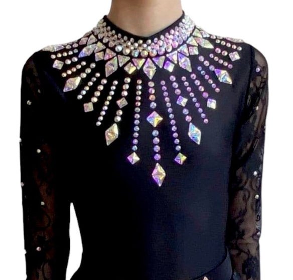 Irish Dance Dress "STARLIGHT" Embellished Lace Sleeves Leotard / Lycra Skirt - Dowsa Performance Wear