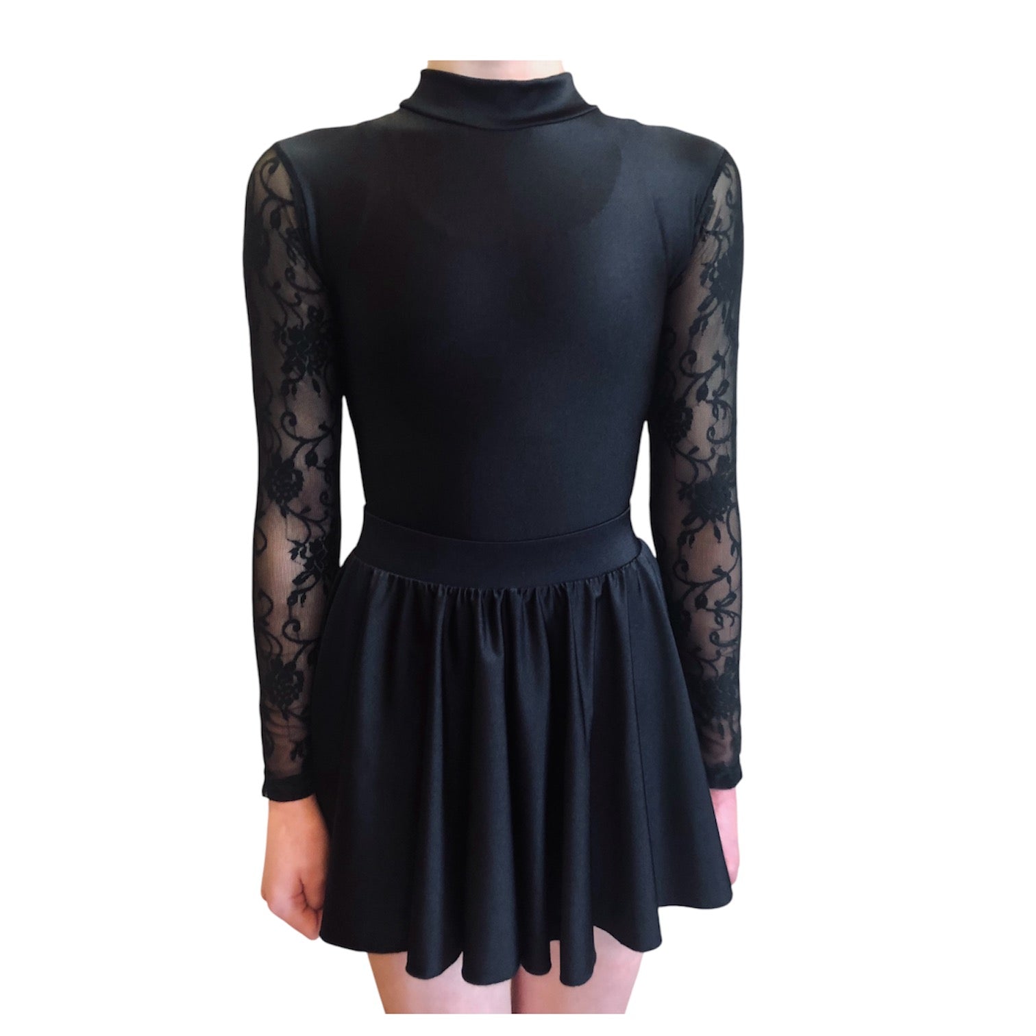 fitted lace wedding dress Irish Dance Black Shiny Lycra Leotard with Lace Sleeves