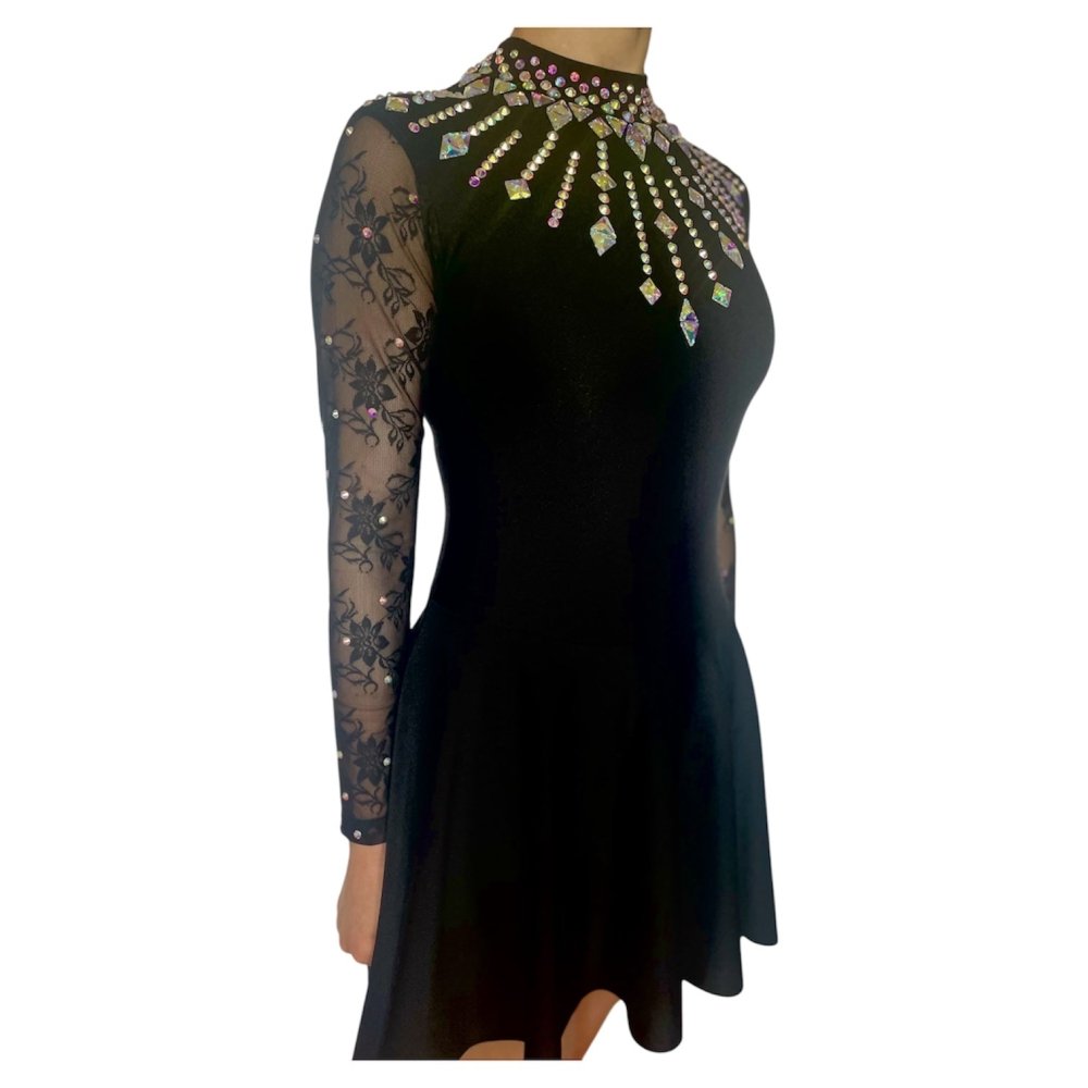 Irish Dance Black Lycra Skirted Leotard / All in One Lace Sleeves Dress (EMBELLISHED) - Dowsa Performance Wear