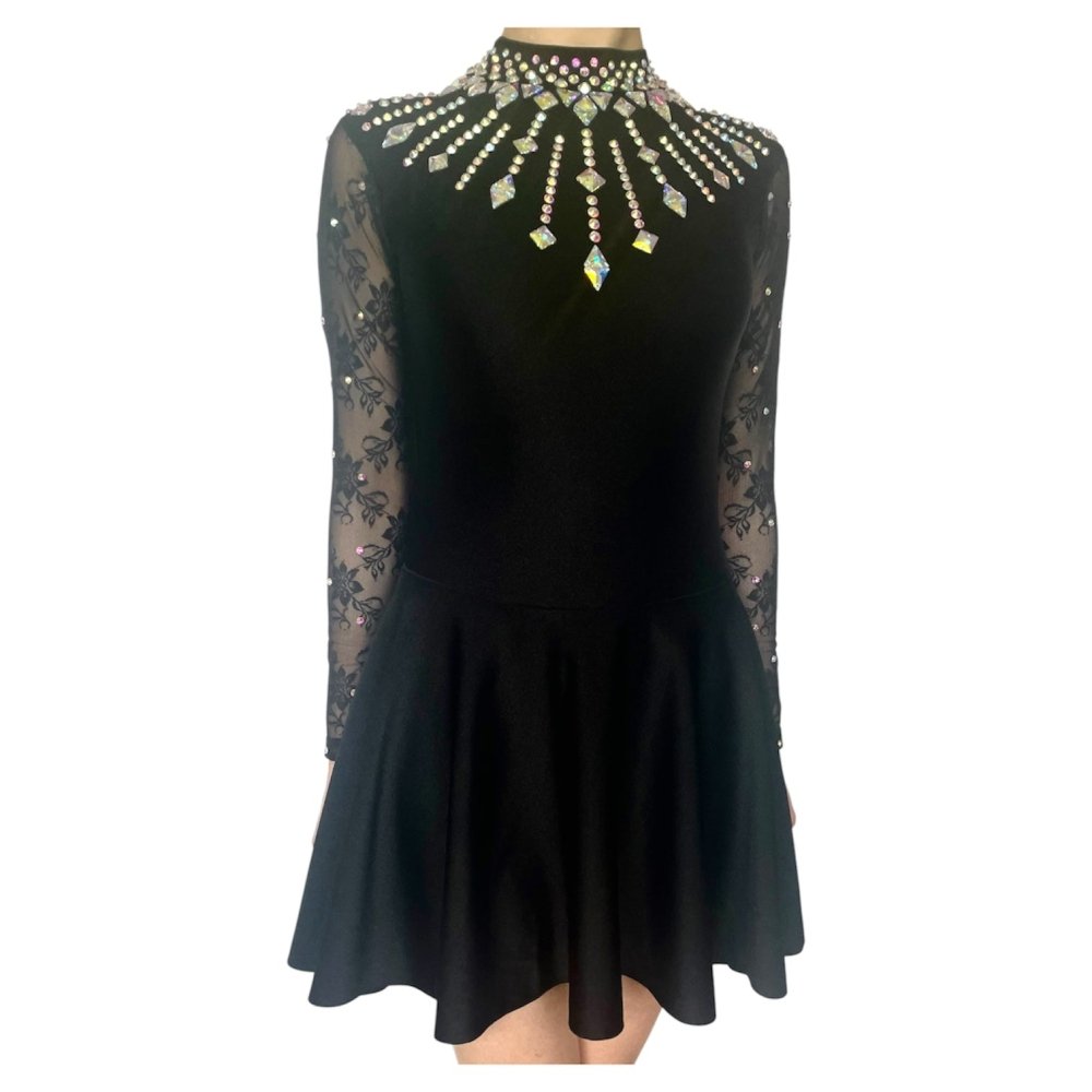 Irish Dance Black Lycra Skirted Leotard / All in One Lace Sleeves Dress (EMBELLISHED) - Dowsa Performance Wear