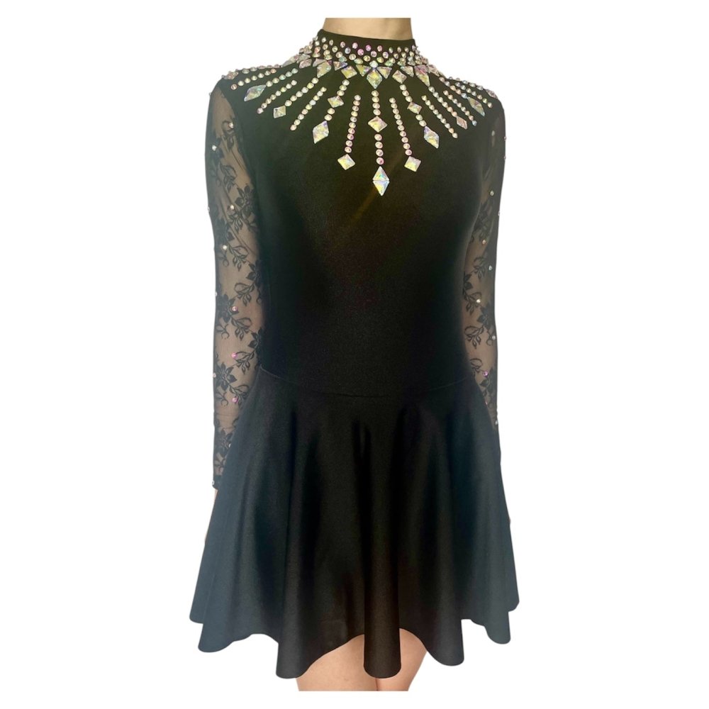 Irish Dance Black Lycra Skirted Leotard / All in One Lace Sleeves Dress (EMBELLISHED) - Dowsa Performance Wear
