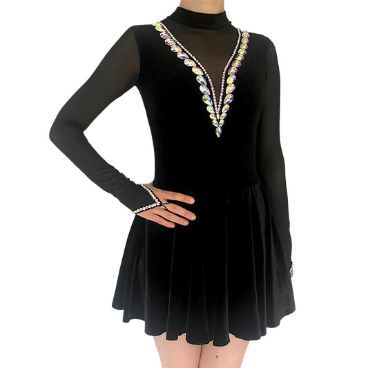 Irish Dance Black Velvet All - In - One Dress "VICTORIA" / Skirted Leotard with Elastic Mesh Sleeves (Embellished) - Dowsa Performance Wear