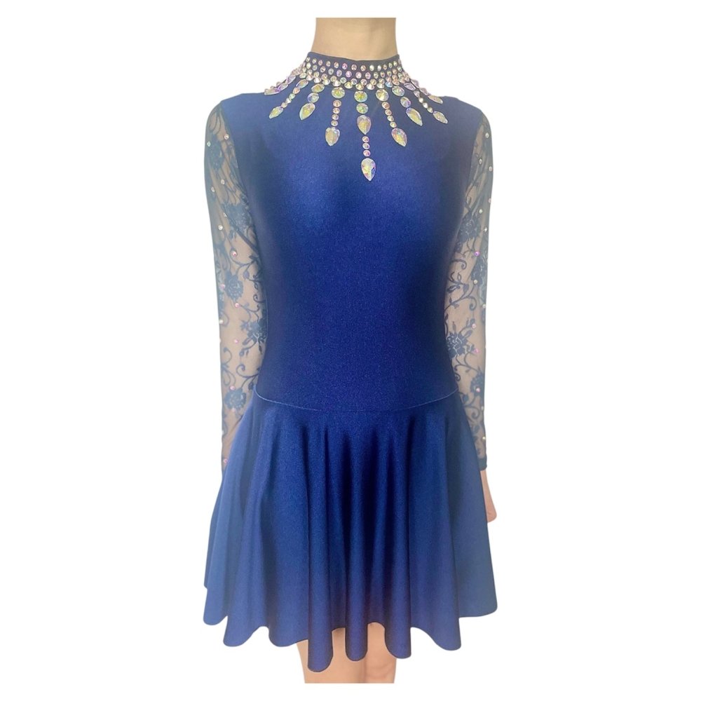 Irish Dance Navy Lycra Skirted Leotard / All in One Lace Sleeves Dress (EMBELLISHED) - Dowsa Performance Wear