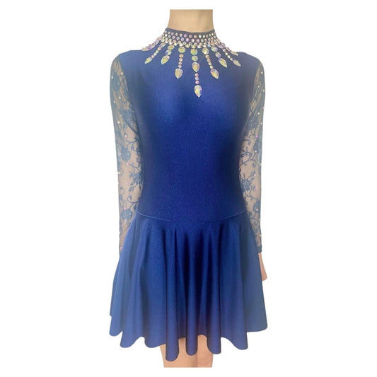 Irish Dance Navy Lycra Skirted Leotard / All in One Lace Sleeves Dress (EMBELLISHED) - Dowsa Performance Wear