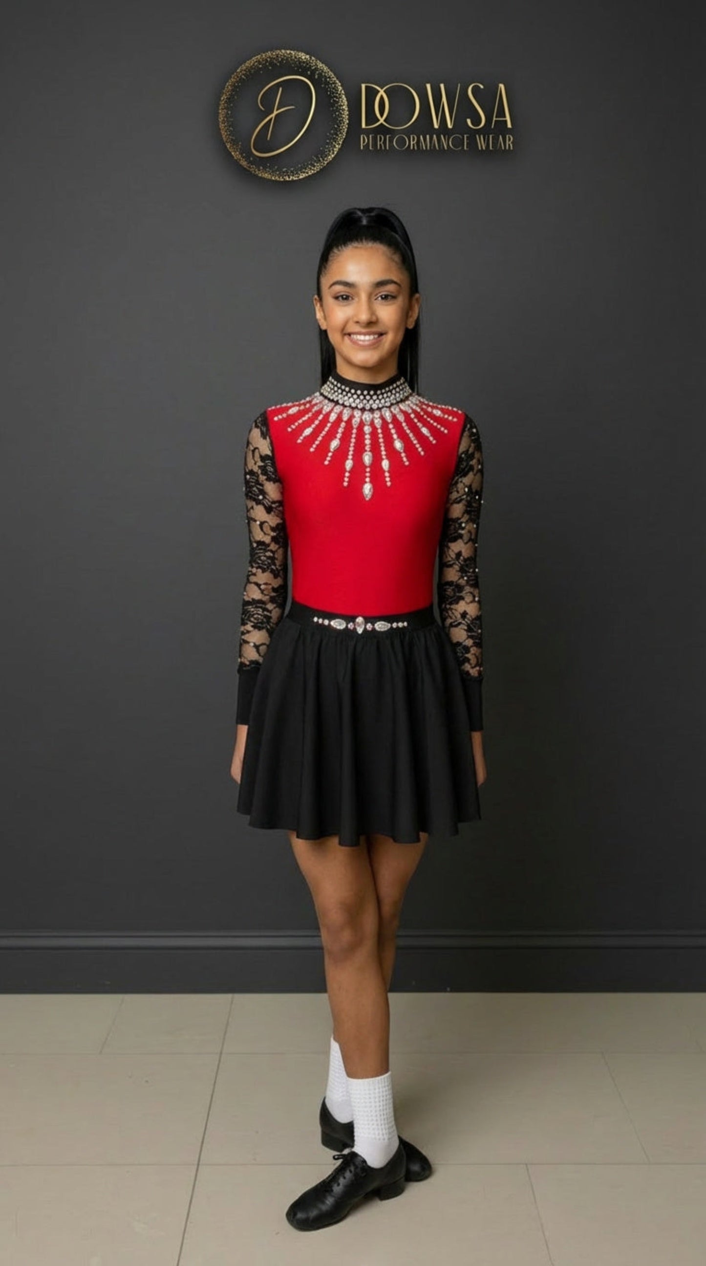 Irish Dance "SCARLET" Embellished Matte Lycra Leotard with Lace Sleeves - Dowsa Performance Wear