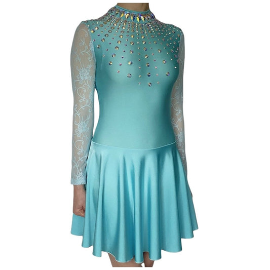 Irish Dance Sky Blue Lycra Skirted Leotard / All in One Lace Sleeves Dress (EMBELLISHED) - Dowsa Performance Wear