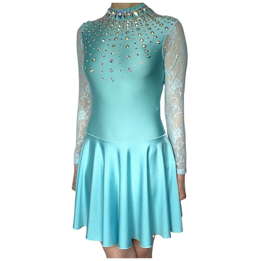 Irish Dance Sky Blue Lycra Skirted Leotard / All in One Lace Sleeves Dress (EMBELLISHED) - Dowsa Performance Wear