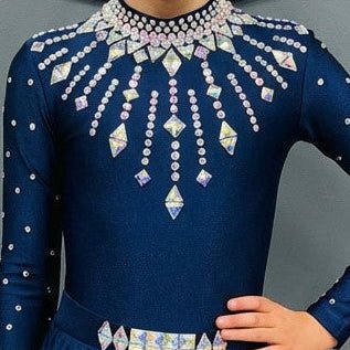 Irish Dance "STARLIGHT" Embellished NAVY Shiny Lycra Leotard with Solid Lycra Sleeves - Dowsa Performance Wear