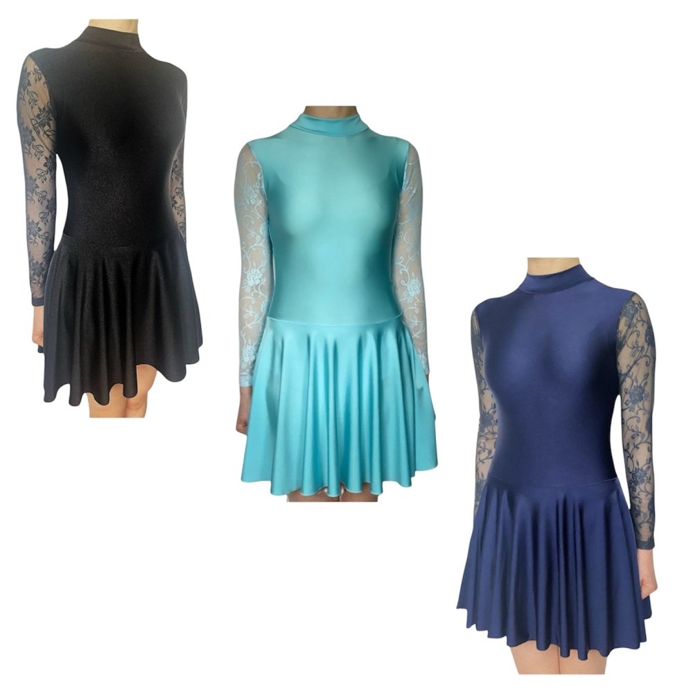 Irish Dance Black Velvet All-In-One Dress / Skirted Leotard with Elastic Mesh Sleeves