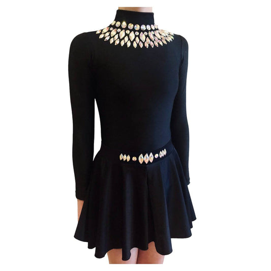 Irish Dance Dress "STELLA" Embellished Shiny Lycra Lace Sleeve Leotard / Shiny Lycra Circular Skirt - Dowsa Performance Wear