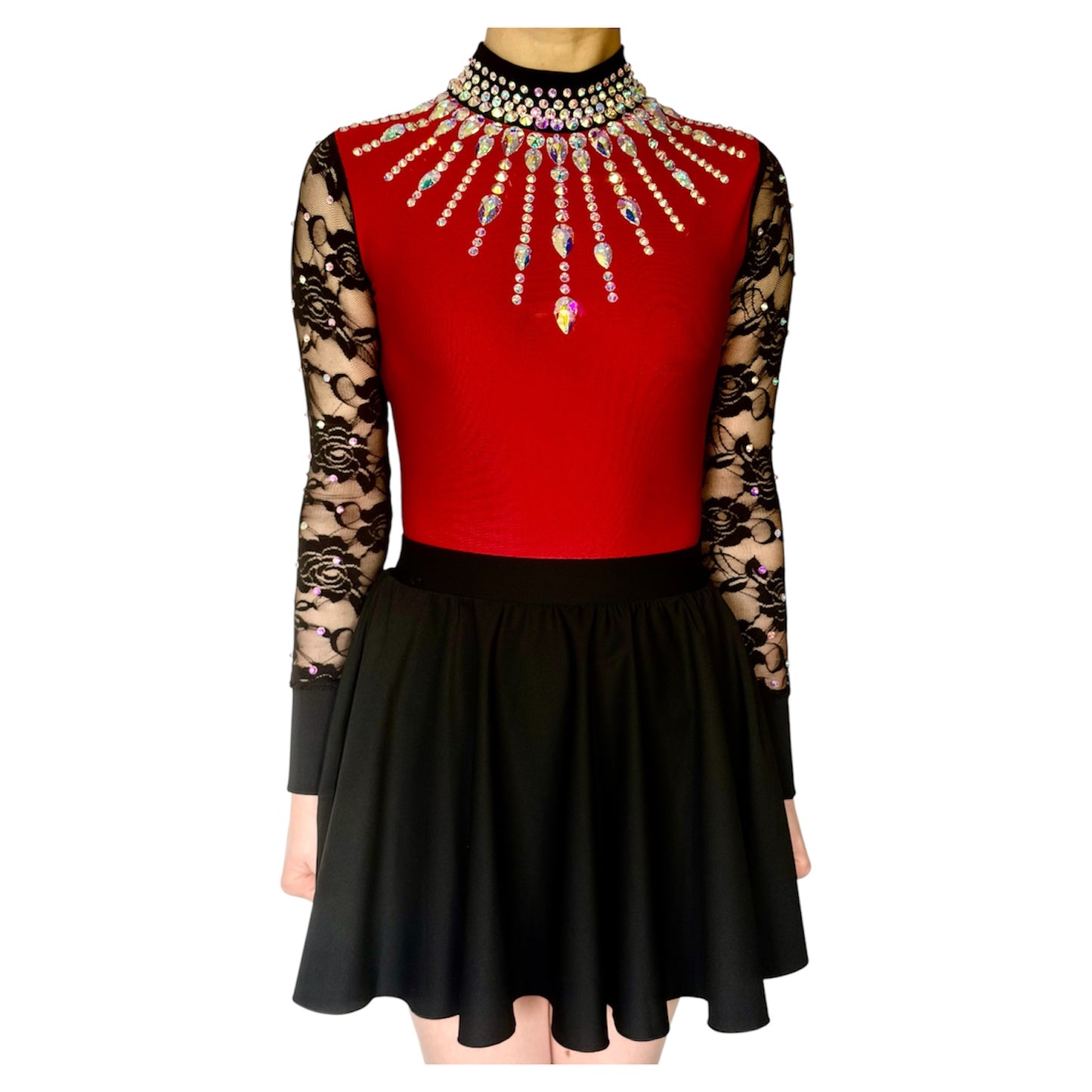 Irish Dance "SCARLET" Embellished Matte Lycra Leotard with Lace Sleeves