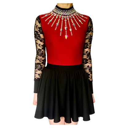 Irish Dance "SCARLET" Embellished Matte Lycra Leotard with Lace Sleeves - Dowsa Performance Wear