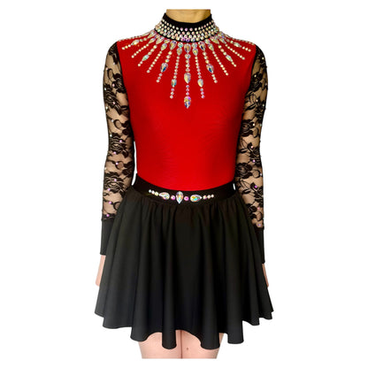 Irish Dance "SCARLET" Embellished Matte Lycra Leotard with Lace Sleeves - Dowsa Performance Wear