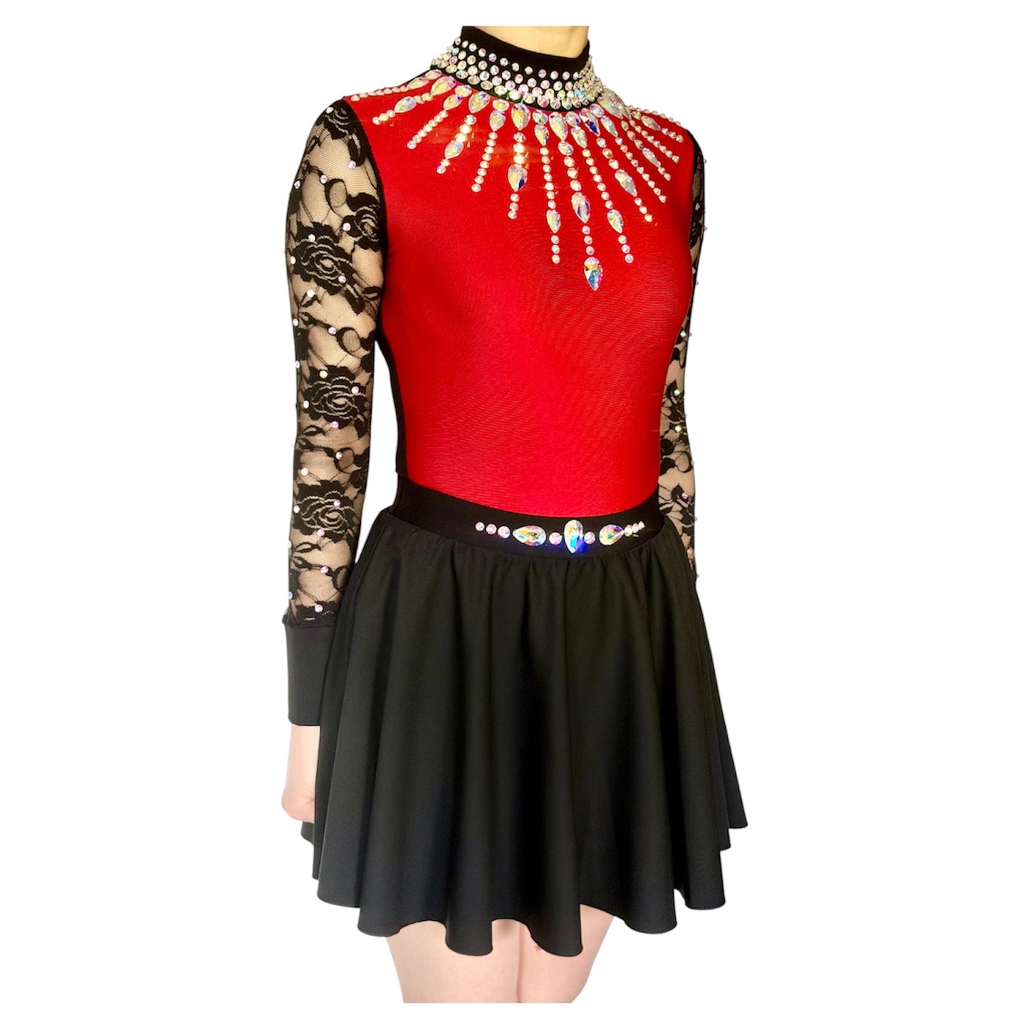 Irish Dance "SCARLET" Embellished Matte Lycra Leotard with Lace Sleeves