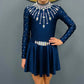 Navy Starlight Irish Dance leotard featuring an embellished lycra sleeves, shown styled with matching lycra skirt with rhinestone embellishments.