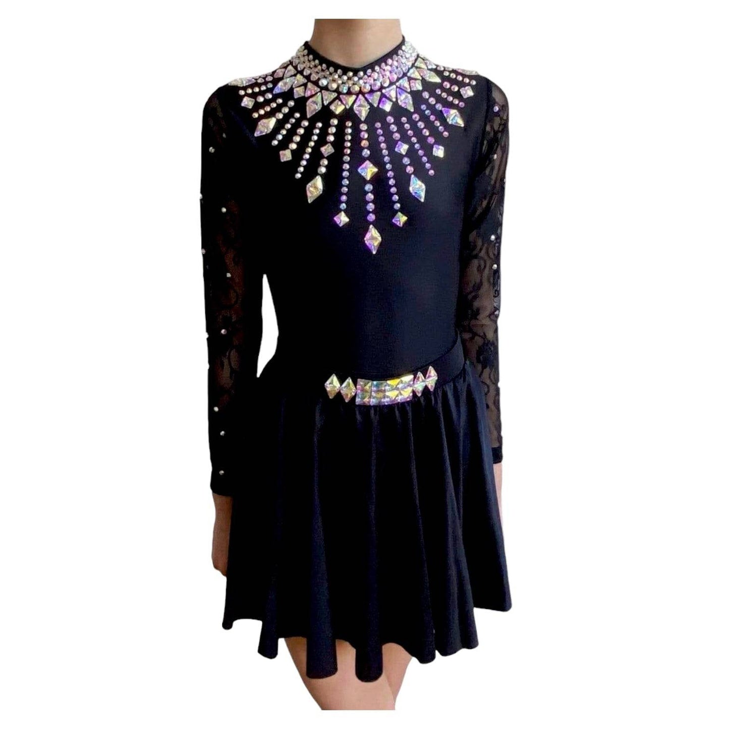 Black Starlight Irish Dance leotard featuring an embellished lace sleeves, shown styled with matching lycra skirt with rhinestone embellishments.