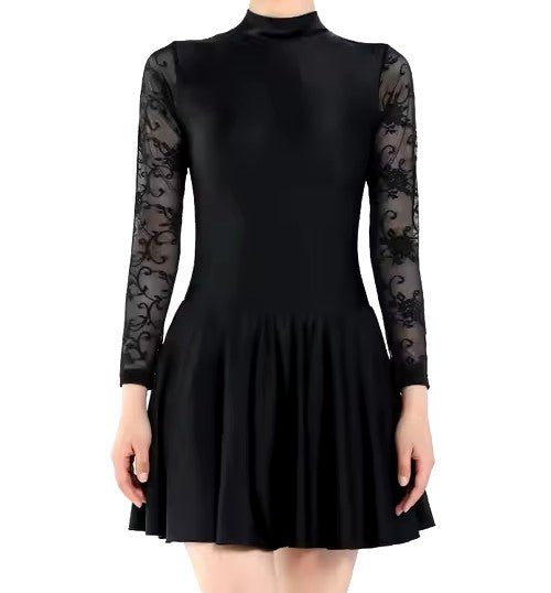 Irish Dance Black Lycra Skirted Leotard / All in One Lace Sleeves Dress - Dowsa Performance Wear