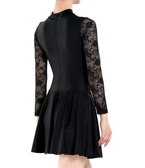 Irish Dance Black Lycra Skirted Leotard / All in One Lace Sleeves Dress - Dowsa Performance Wear