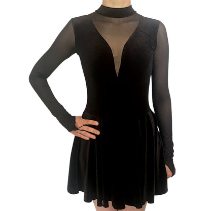 Irish Dance Black Velvet All - In - One Dress / Skirted Leotard with Elastic Mesh Sleeves (PLAIN) - Dowsa Performance Wear