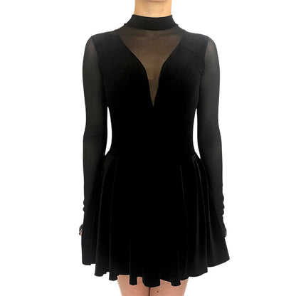 Irish Dance Black Velvet All - In - One Dress / Skirted Leotard with Elastic Mesh Sleeves (PLAIN) - Dowsa Performance Wear