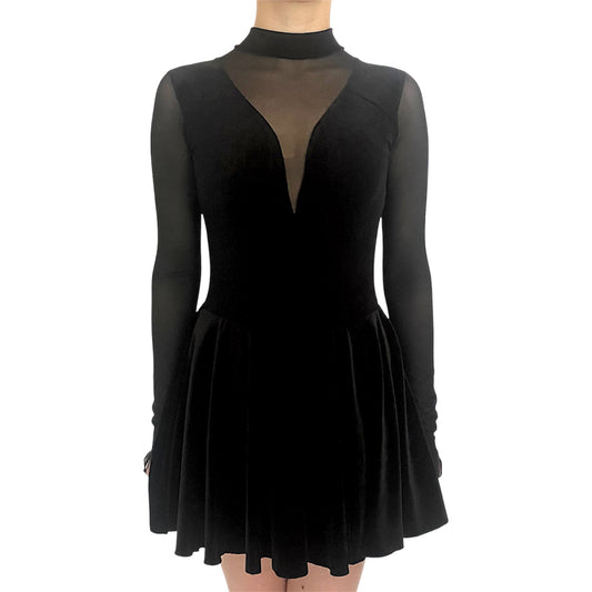 Irish Dance Black Velvet All - In - One Dress / Skirted Leotard with Elastic Mesh Sleeves (PLAIN) - Dowsa Performance Wear