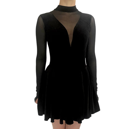 Irish Dance Black Velvet All - In - One Dress / Skirted Leotard with Elastic Mesh Sleeves (PLAIN) - Dowsa Performance Wear