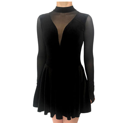Irish Dance Black Velvet All - In - One Dress / Skirted Leotard with Elastic Mesh Sleeves (PLAIN) - Dowsa Performance Wear