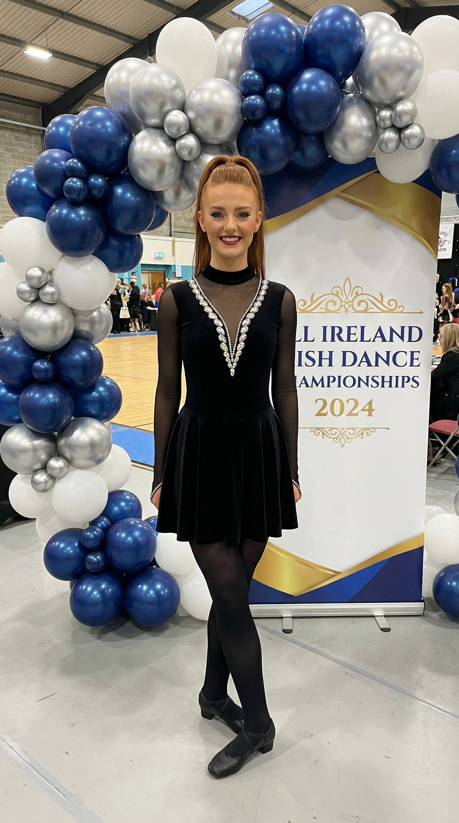 Irish Dance Black Velvet All - In - One Dress "VICTORIA" / Skirted Leotard with Elastic Mesh Sleeves - Dowsa Performance Wear