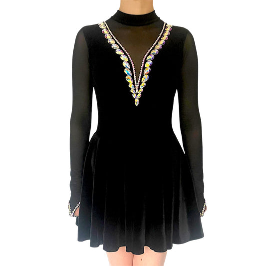 Irish Dance Black Velvet All - In - One Dress "VICTORIA" / Skirted Leotard with Elastic Mesh Sleeves (Embellished) - Dowsa Performance Wear