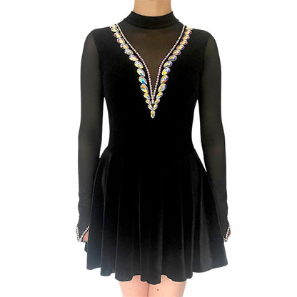 Irish Dance Black Velvet All - In - One Dress "VICTORIA" / Skirted Leotard with Elastic Mesh Sleeves (Embellished) - Dowsa Performance Wear