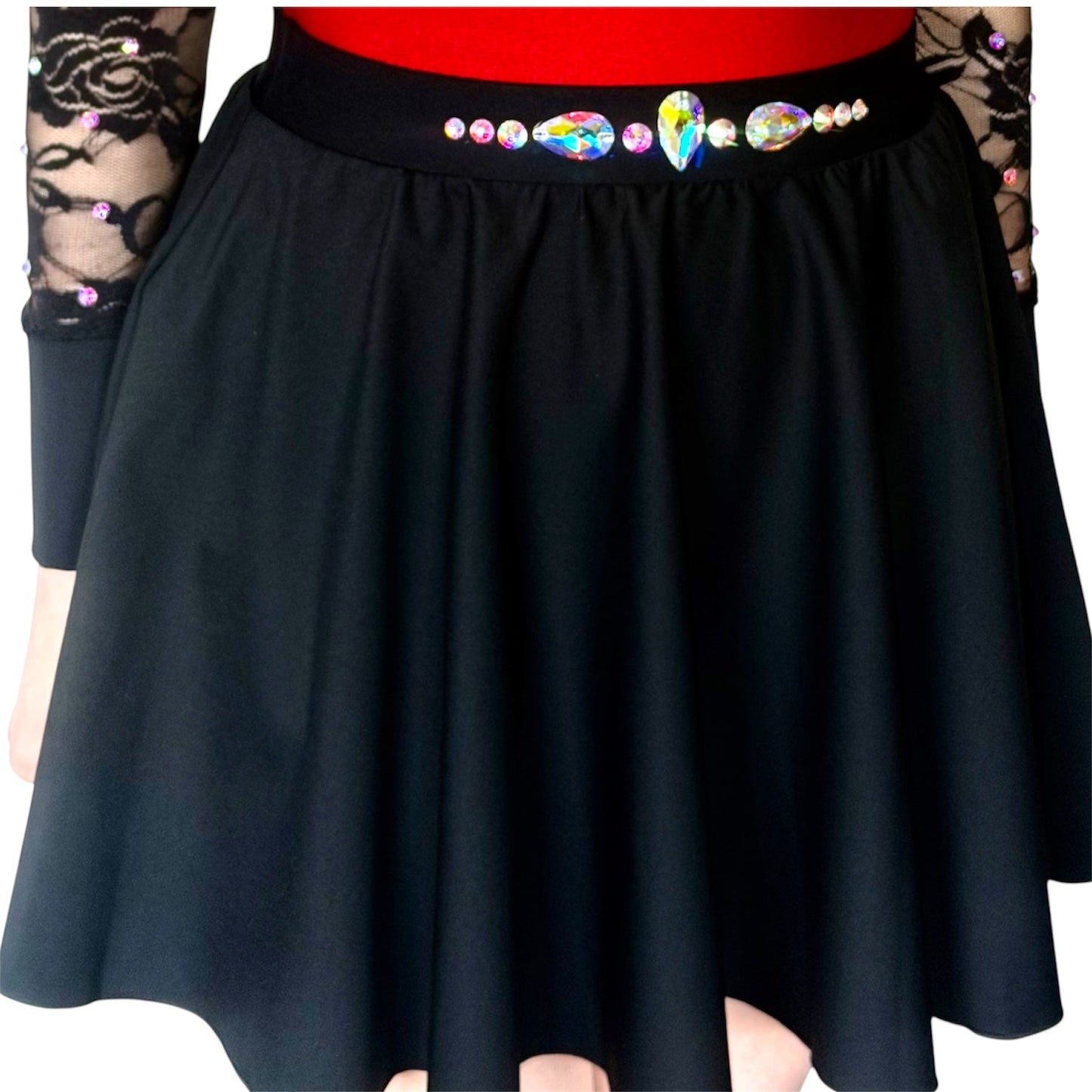 Irish Dance Classic BLACK Lycra Circular Skirt with PLAIN or EMBELLISHED waistband - Dowsa Performance Wear