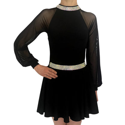 Irish Dance "DIANA" Embellished Matt Lycra Leotard with Mesh Puff Sleeves - Dowsa Performance Wear