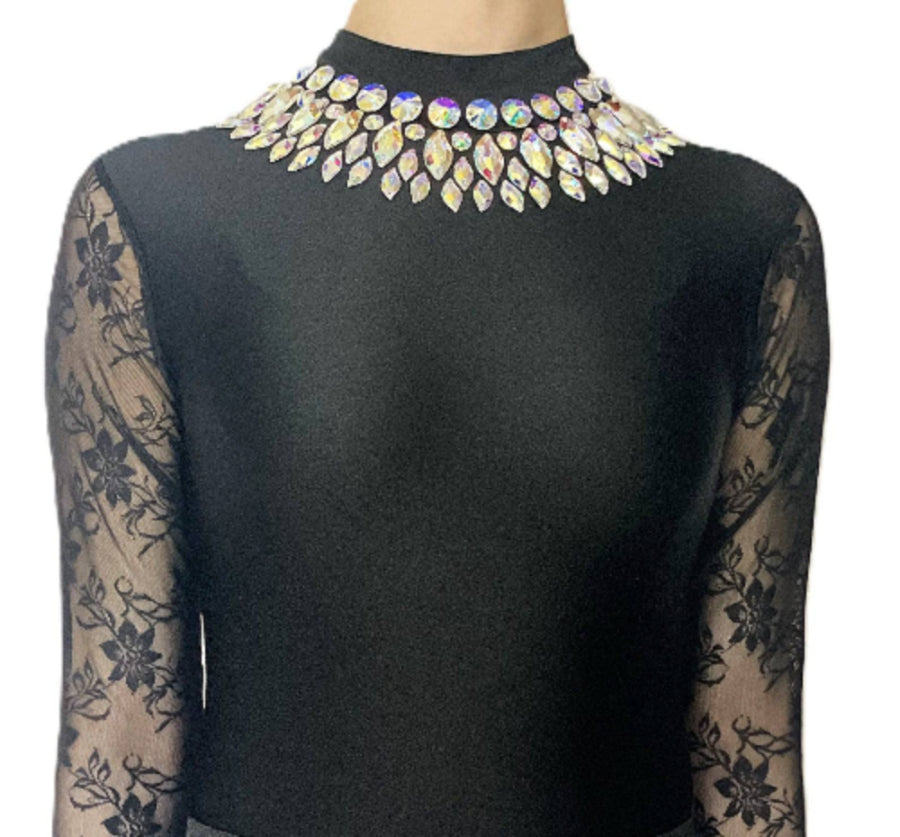 Irish Dance Dress "STELLA" Embellished Shiny Lycra Lace Sleeve Leotard / Shiny Lycra Circular Skirt - Dowsa Performance Wear