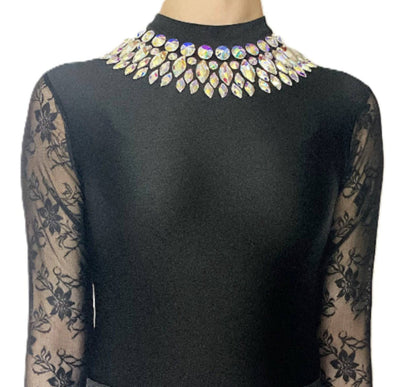 Irish Dance Dress "STELLA" Embellished Shiny Lycra Lace Sleeve Leotard / Shiny Lycra Circular Skirt - Dowsa Performance Wear
