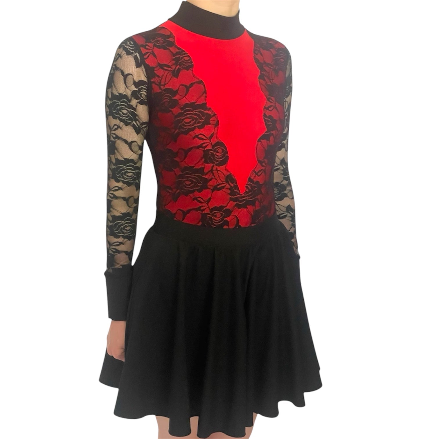 Irish Dance Matt Lycra Leotard with Lace Sleeves and Vibrant Red V Cut Design - Dowsa Performance Wear