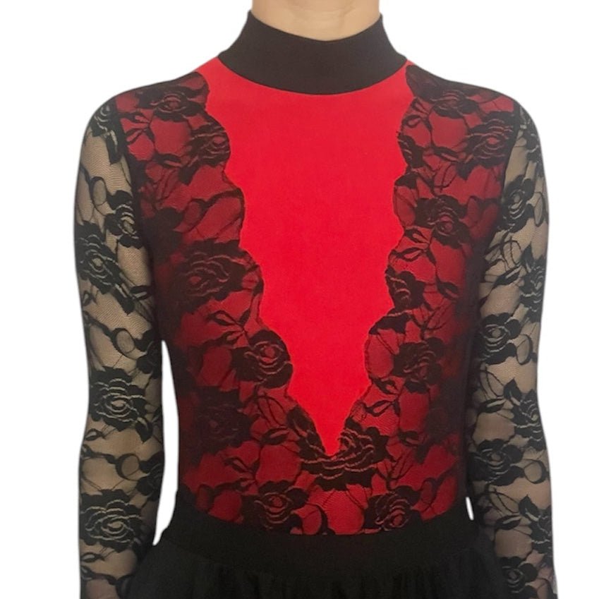 Irish Dance Matt Lycra Leotard with Lace Sleeves and Vibrant Red V Cut Design - Dowsa Performance Wear