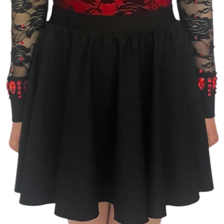 Irish Dance Matt Lycra Leotard with Lace Sleeves and Vibrant Red V Cut Design - Dowsa Performance Wear