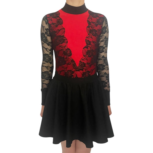 Irish Dance Matt Lycra Leotard with Lace Sleeves and Vibrant Red V Cut Design - Dowsa Performance Wear