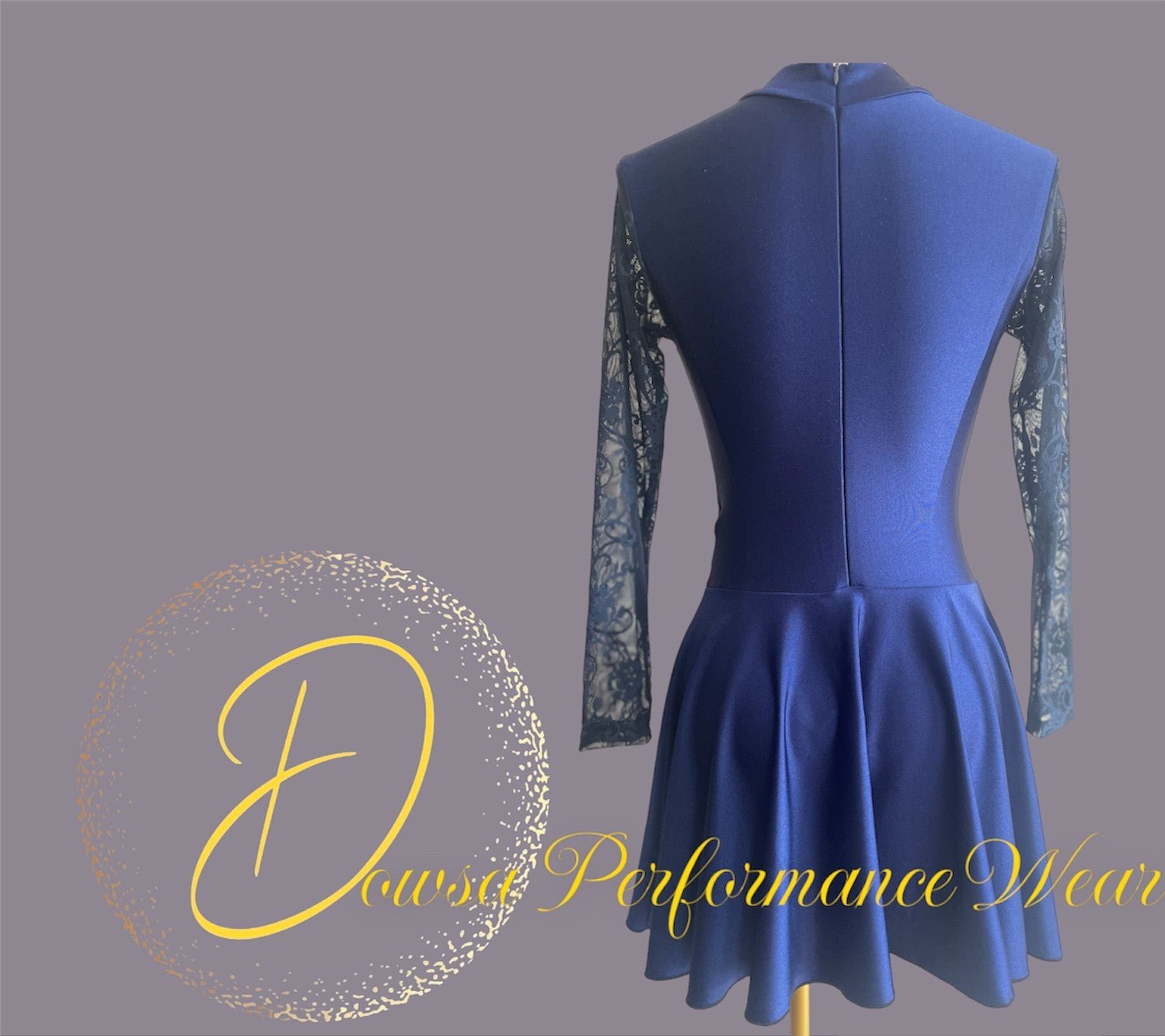 Irish Dance NAVY Lycra Skirted Leotard / All in One Lace Sleeves Dress - Dowsa Performance Wear