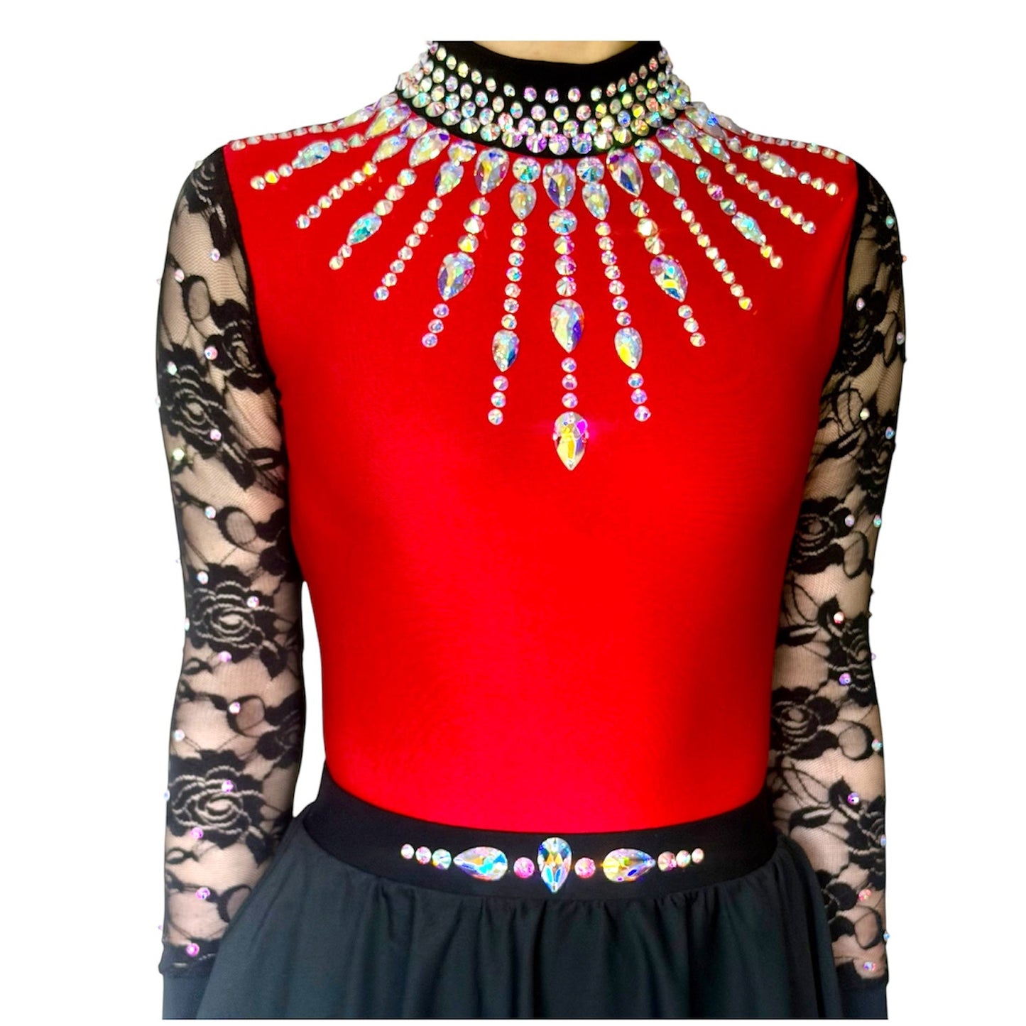 Irish Dance "SCARLET" Embellished Matt Lycra Leotard with Lace Sleeves - Dowsa Performance Wear