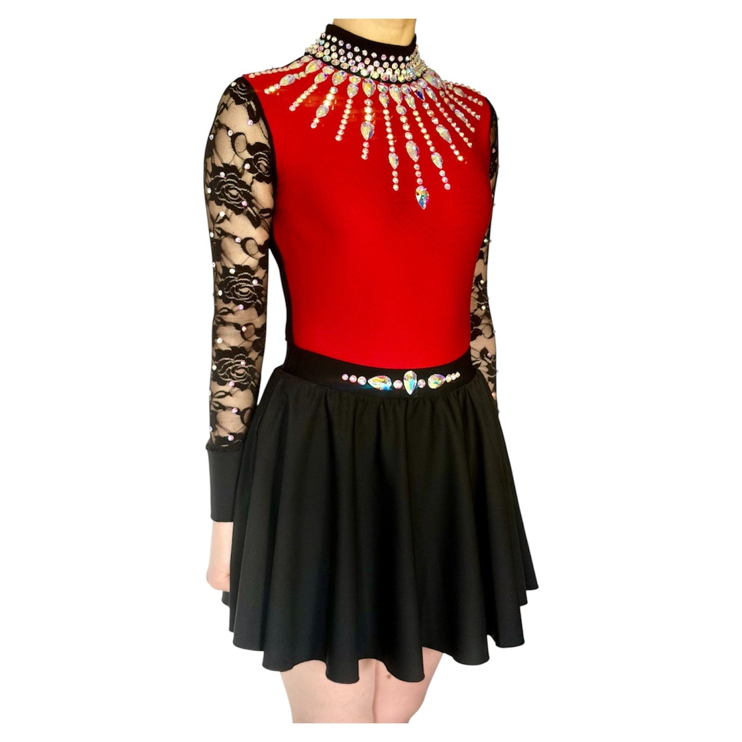 Irish Dance "SCARLET" Embellished Matt Lycra Leotard with Lace Sleeves - Dowsa Performance Wear