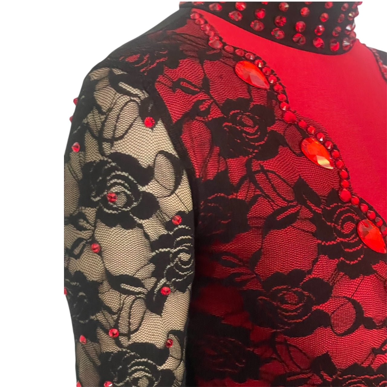 Irish Dance "SCARLET" Embellished Matt Lycra Leotard with Lace Sleeves - Dowsa Performance Wear