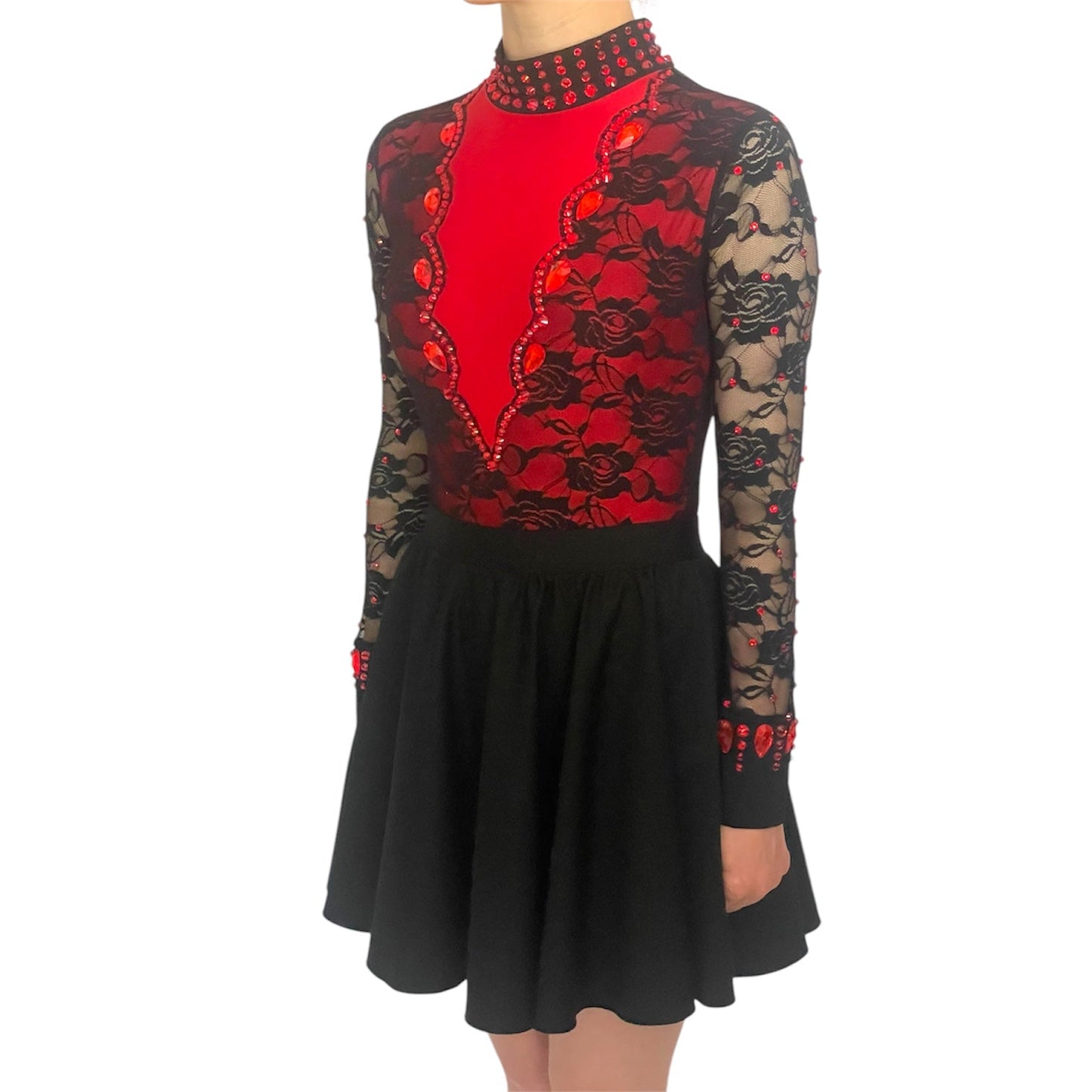 Irish Dance "SCARLET" Embellished Matt Lycra Leotard with Lace Sleeves - Dowsa Performance Wear