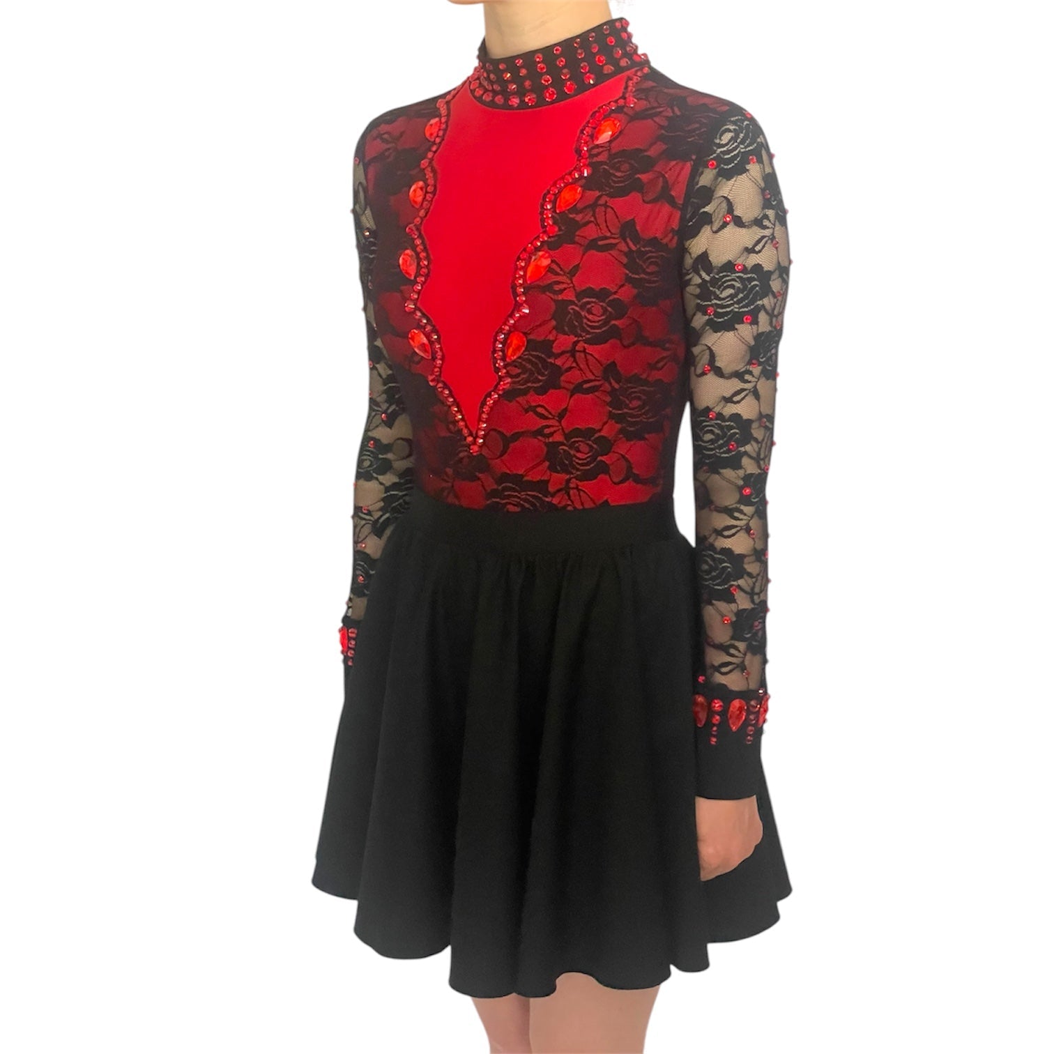 Irish Dance "SCARLET" Embellished Matt Lycra Leotard with Lace Sleeves - Dowsa Performance Wear