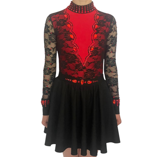 Irish Dance "SCARLET" Embellished Matt Lycra Leotard with Lace Sleeves - Dowsa Performance Wear