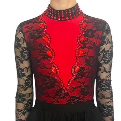 Irish Dance "SCARLET" Embellished Matt Lycra Leotard with Lace Sleeves - Dowsa Performance Wear