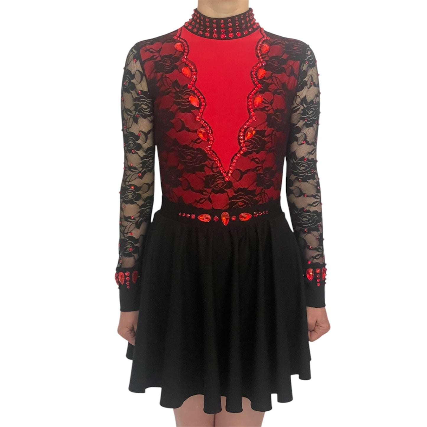 Irish Dance "SCARLET" Embellished Matt Lycra Leotard with Lace Sleeves - Dowsa Performance Wear