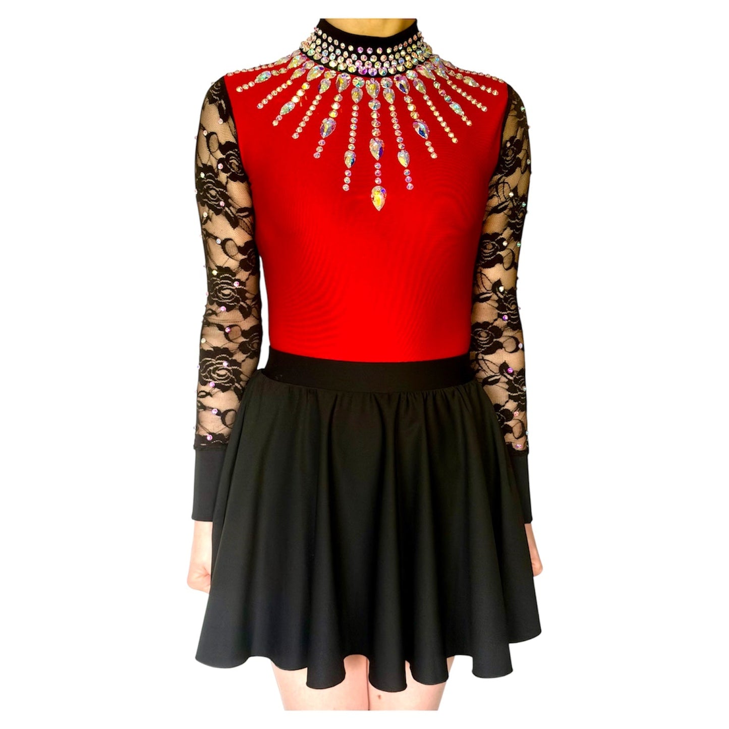 Irish Dance "SCARLET" Embellished Matt Lycra Leotard with Lace Sleeves - Dowsa Performance Wear