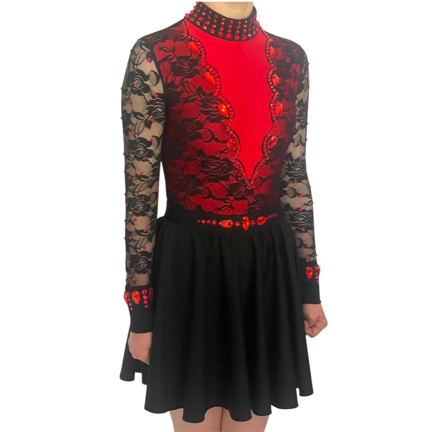 Irish Dance "SCARLET" Embellished Matt Lycra Leotard with Lace Sleeves - Dowsa Performance Wear