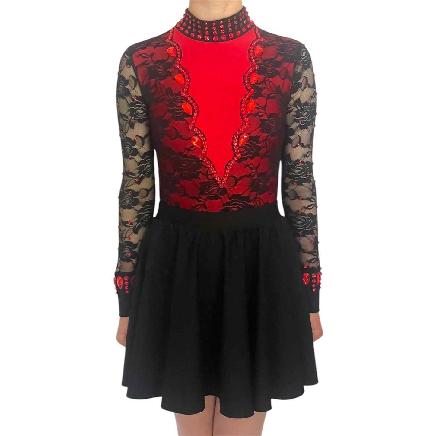 Irish Dance "SCARLET" Embellished Matt Lycra Leotard with Lace Sleeves - Dowsa Performance Wear